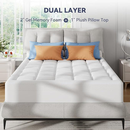 ELEMUSE King Size Dual Layer 3 Inch Memory Foam Mattress Topper, 2 Inch Cooling Gel Memory Foam and 1 Inch Thick Soft Pillow Top Mattress Pad Cover for Back Pain Relief, Bed Topper for Side Sleep