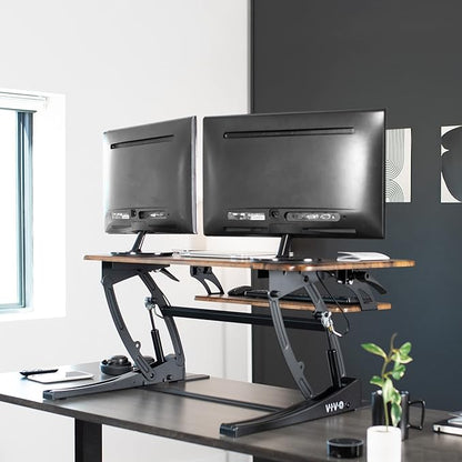 VIVO 36 inch Height Adjustable Stand Up Desk Converter, V Series, Quick Sit to Stand Tabletop Dual Monitor Riser Workstation, Rustic Vintage Brown Top, Black Frame, DESK-V000VN