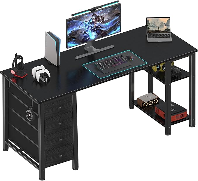 Lufeiya Gaming Desk with 4 Fabric Drawers & Storage Shelves, 63 inch Computer Writing Work Study Desk for Home Office Bedroom, Modern Simple Student PC Desks Table, Black
