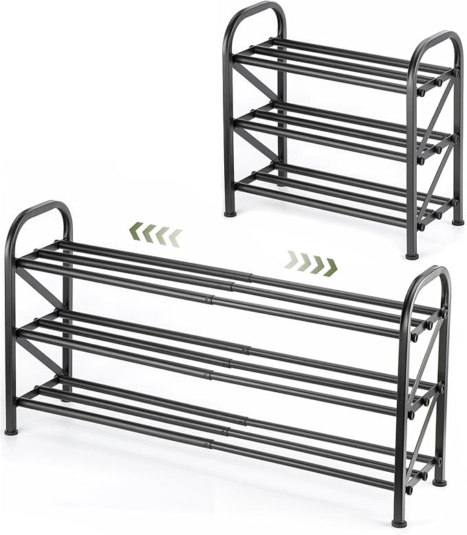 3-Tier Shoe Rack for Closet, 16"-33" Expandable ShoeRackAdjustable for Entryway Closet Doorway SturdyMetal, Black