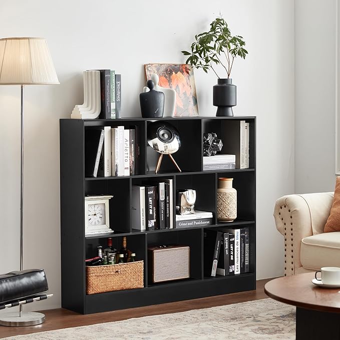 YAHARBO Black Wide Bookshelf,3 Tier Modern Horizontal Bookcase,Wood Low Bookshelves Display Storage Cabinet with Base,Floor Standing 10 Cube Large Bookcases Organizer for Bedroom,Living Room,Office
