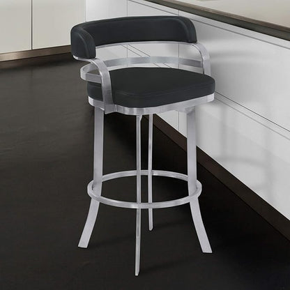 Armen Living Prinz 26" Counter Height Swivel Barstool in Black Faux Leather and Brushed Stainless Steel Finish