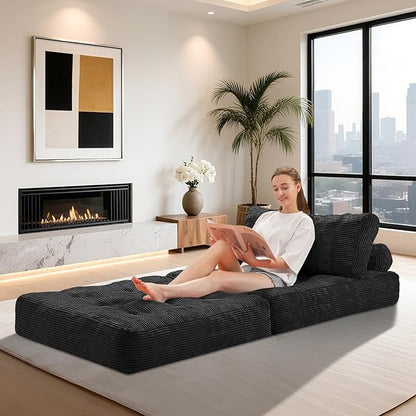 HABUTWAY Folding Sofa Bed, Convertible Sleeper Chair Bed w/Dual-Pillow & Handle, Foldable Floor Sofa Lounge w/Back Support for Living Room, Bedroom, Apartment, Office, Black