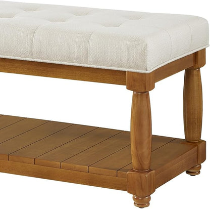 24KF Large Rectangular Upholstered Tufted Bed Bench, Linen Fabric Storage Ottoman Bench for Living Room, Padded Entryway Bench with Solid Wood Shelf,5098-Ivory