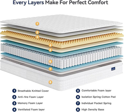 Vesgantti 10 Inch Twin XL Multilayer Hybrid Mattress - Multiple Sizes & Styles Available, Ergonomic Design with Memory Foam and Pocket Spring, Medium Firm Feel, White