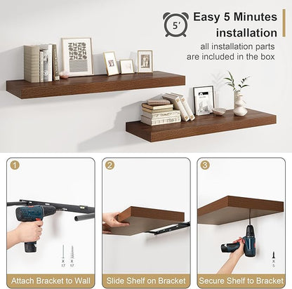 Heimlove 12" Deep Floating Shelves for Wall Shelf Over Toilet Wall Mounted Farmhouse Long 55 inches Set of 1, Farmhouse Shelves with Invisible Brackets for Living Room, Kitchen, Bedroom,Walnut