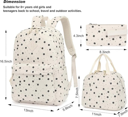 Corduroy Girls Backpack Set, 3PCS School Backpacks for Kids Elementary Middle School Bags with Lunch Box Pencil Case (Beige Corduroy Flowers)