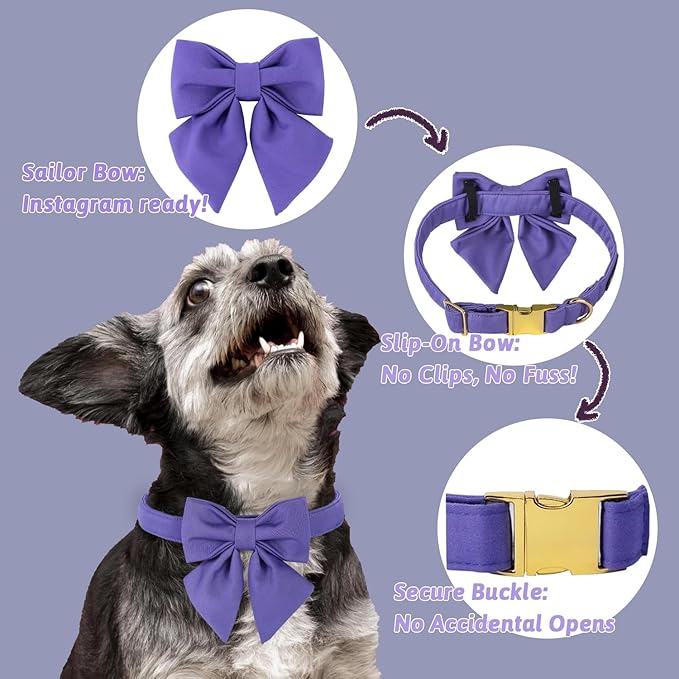 Maca Bates Purple Dog Collar with Cute Petunia Solid Sailor Bow Tie,Extra Large Girl Boy Dogs,Girly Adjustbale Durable Breakaway Soft Collars with Bowtie for Female Male Puppy,Pet with Metal Buckle