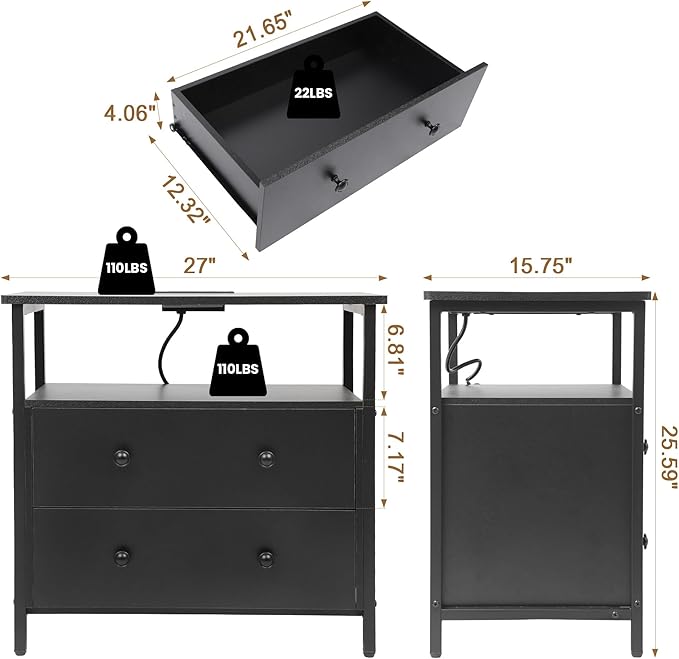 27 inch Wide Nightstand with Charging Station, Bedside Table with Open Shelf, 2 Drawers Small Wood Dresser, End Side Table for Bedroom (2 Pack,Black)