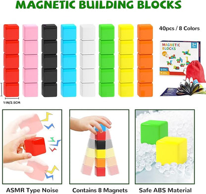 40pcs Magnetic Blocks -Ideal Gifts for 3 4 5 6 Year Old,STEM Learning Toys for 3-5 Year Old Boys & Girls, Safe & Strong Building Blocks with ASMR Sounds,Classroom Must Haves