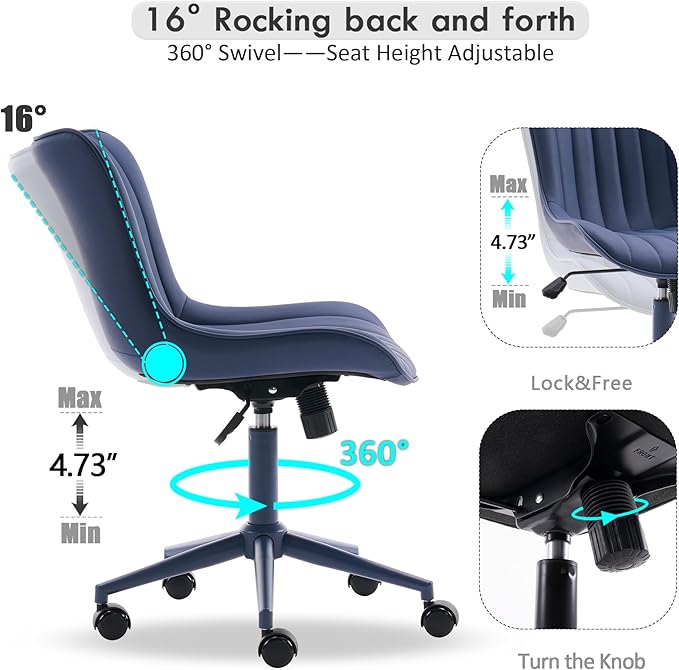 YOUNIKE Armless Home Office Desk Chair with Wheels Compact Comfy Vanity Chair with Adjustable Back Modern Small Leather Upholstered Rolling Swivel Cute Copmuter Task Chair No Arms Ergonomic Navy Blue