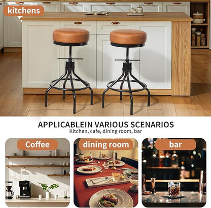 Industrial Bar Stools Set of 2 Adjustable Swivel Round Barstools Modern PU Leather 28inch Backless Counter Height Stool Metal Bar Chair for Kitchen Island (2, Brown)