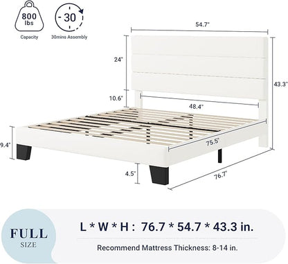 Allewie Full Size Platform Bed Frame with Velvet Upholstered Headboard and Wooden Slats Support, Fully Upholstered Mattress Foundation/No Box Spring Needed/Easy Assembly, White