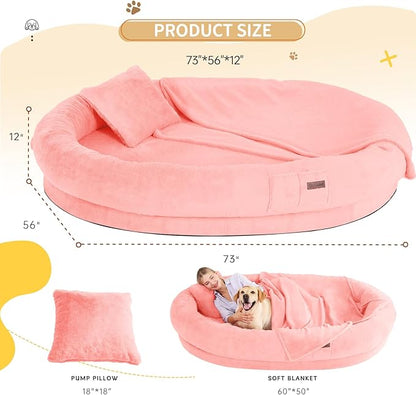 Human Dog Bed for Adults, 73"x56"x12" Washable Orthopedic Size, Faux Fur Removable, Cozy Large Present with Blanket and Pillow, Pink