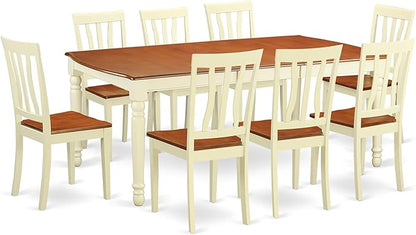 East West Furniture DOAN9-WHI-W 9 Piece Kitchen Table & Chairs Set Includes a Rectangle Dining Room Table with Butterfly Leaf and 8 Solid Wood Seat Chairs, 42x78 Inch, Buttermilk & Cherry