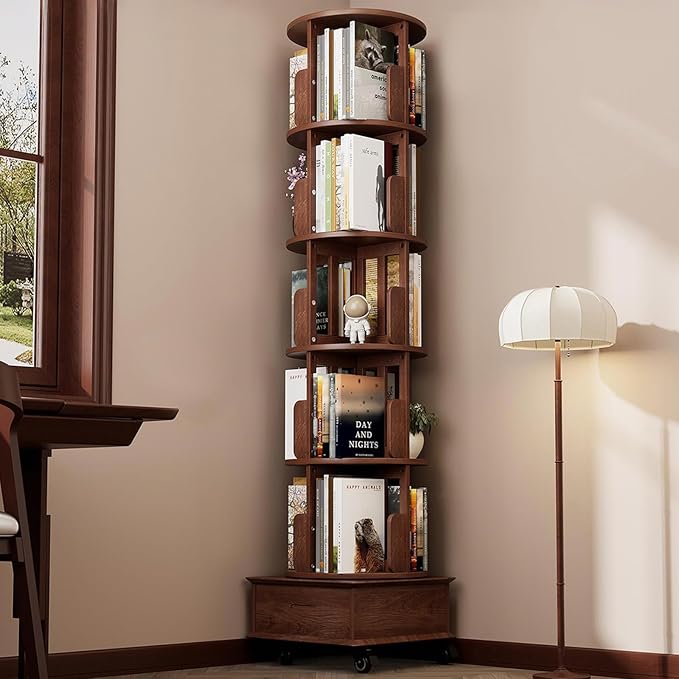 Solid Wood Rotating Bookshelf Tower on Wheels, 5-Tier Spinning Bookcase with Drawer, 72" Floor Standing Revolving Bookshelf, Rotating Bookcase for Small Space, Walnut