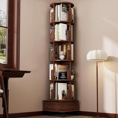 Solid Wood Rotating Bookshelf Tower on Wheels, 5-Tier Spinning Bookcase with Drawer, 72" Floor Standing Revolving Bookshelf, Rotating Bookcase for Small Space, Walnut
