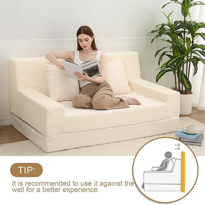 MeMoreCool Boneless Folding Queen Sofa Bed – Corduroy Convertible Futon Sleeper Couch with Foam Core & Pillow, Washable Cover, Space-Saving Floor Sofa for Living Room, Guest Bedroom, Apartment