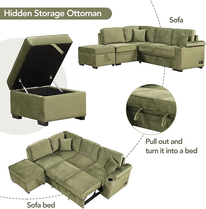 Ball & Cast Sleeper Sofa Bed L Shaped Couch with Storage Ottoman,Pull-Out Sectional Sofa Couch w/Cup Holder and Charging Stations,for Living Room and Small Apartment,Green