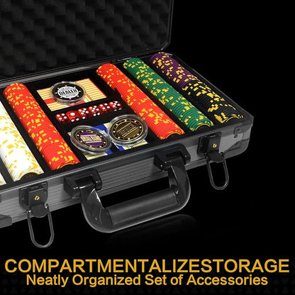 13.5 Gram Clay Poker Chip Set Texas Hold'em Casino Chips 2 Decks of Cards, Aluminum Case Dealer Buttons, for Blackjack Poker Games (300 PCE)