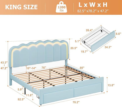 King Upholstered LED Bed Frame with 2 Storage Drawers and Adjustable Chic Double Wavy Headboard, Velvet Princess Platform Bed with Charing Station, Solid Wood Slats Support, No Box Spring Needed,Blue