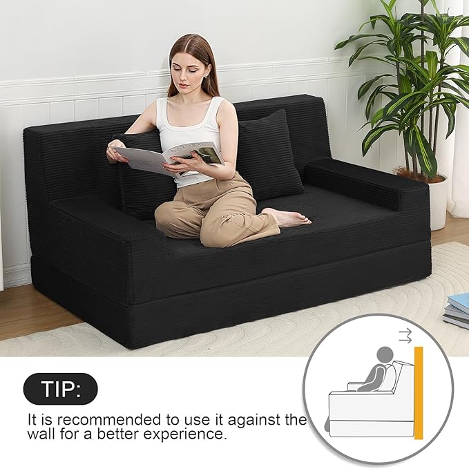 MeMoreCool Boneless Folding Sofa Bed Queen – Corduroy Convertible Futon Couch, 2-in-1 Floor Sleeper with Foam Support, Detachable Pillow & Washable Cover for Living Room, Guest Room, Apartment
