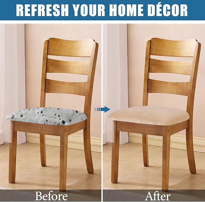 Smiry Velvet Seat Covers for Dining Room Chair Set of 4, Stretch Fit Removable Washable Chair Seat Cushion Protector Slipcovers with Ties, Beige