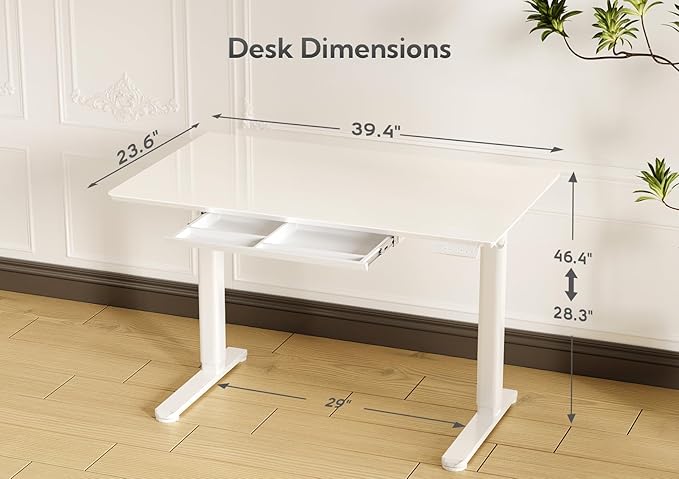 INNOVAR Glass Standing Desk with Drawers, 40×24 Inch Adjustable Stand Up Desk Quick Install Home Office Computer Desk, Super White