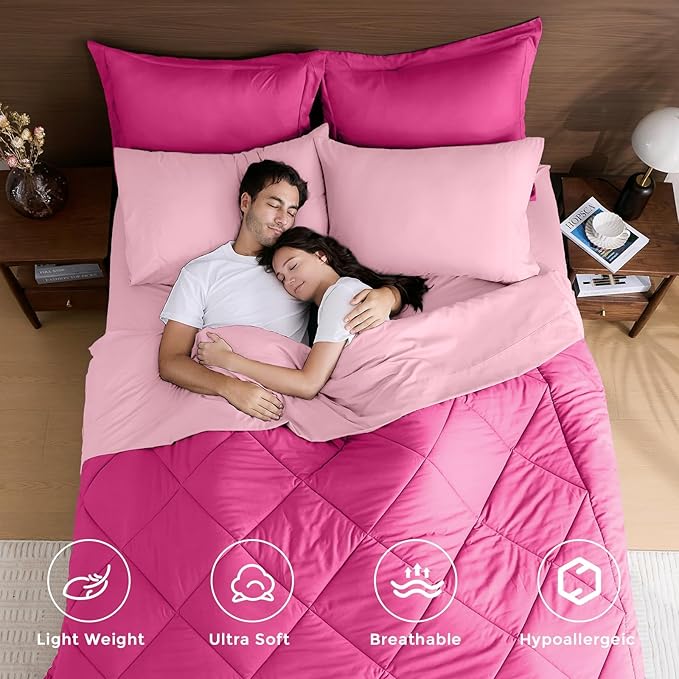 HEVUMYI Hot Pink & Baby Pink Twin Comforter Set - 5-Piece All Season Bed in a Bag Twin, Ultra Soft Bedding Set with Comforter, Flat Sheet, Fitted Sheet, Pillowcases, Pillow Shams