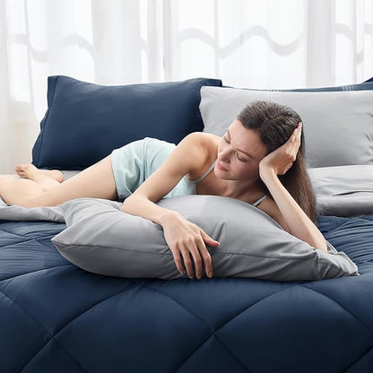 HEVUMYI King Comforter Set - 7-Piece All Season Bed in a Bag King, Ultra Soft Bedding Set with Comforter, Flat Sheet, Fitted Sheet, Pillowcases, Pillow Shams, Navy Blue & Light Grey