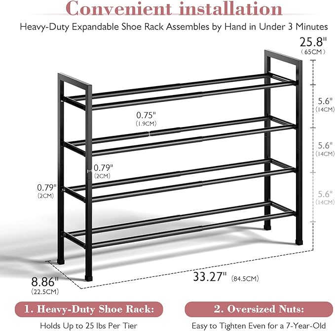 Bumusty 4-Tier Expandable Shoe Rack for Closet, 18“-33” Adjustable Shoe Rack for Small Space, Small Shoe Organizer for Front Door, Sturdy Metal, Black