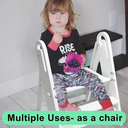 WOOD CITY Step Stool Foldable for Toddlers, Adjustable Kids Step Stool for Bathroom Sink Toilet Potty Training Stool with Handles Child Kitchen Counter Stool Helper Montessori Kitchen Stools