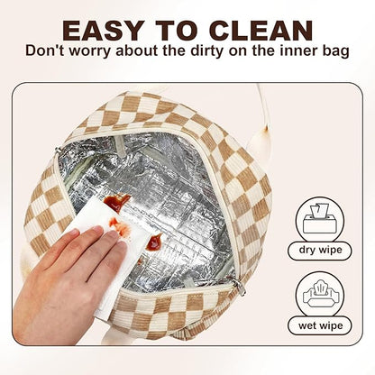 LEDAOU Insulated Lunch Bag women Corduroy Small Lunch Box for Women with Front Pocket Leakproof Cooler Checkered Cute Adult Gilrs Lunch Box for Work School Picnic