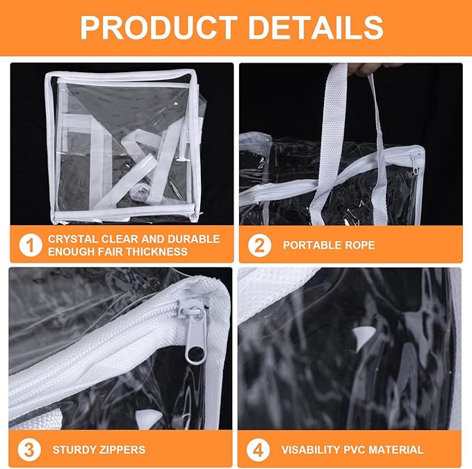 12 PCS Clear Plastic Organizers 12''x12''x12'' Blanket Storage Bags with Zipper Storage Cube Tote with Reinforced Handles for Clothes Moving Supplies Linens Shoes Closet Toys Organizers