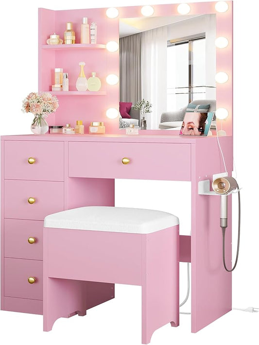 IRONCK Vanity Desk with Mirror and Lights, Small Makeup Vanity Table with 5 Drawers, Power Outlet, and Vanity Stool, 3 Lighting Colors, Dressing Table for Women Girls Bedroom, Pink