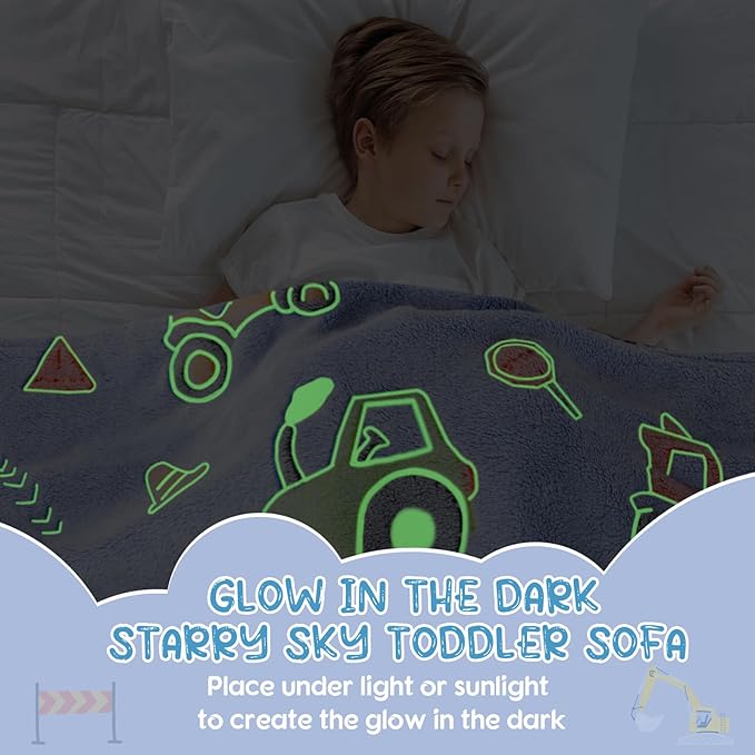 Comfy Toddler Chair and Couch for Kids with Blanket,2-in-1 Soft Plush Fold Out Toddler Couch for Girls and Boys,Convertible Sofa to Lounger for Playroom,Car Excavator