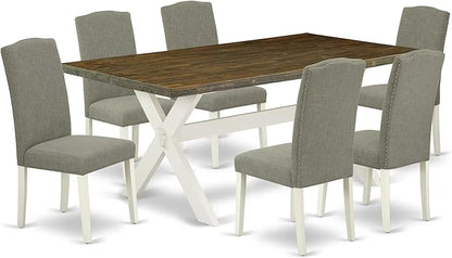 East West Furniture X077EN206-7 7 Piece Modern Dining Table Set Consist of a Rectangle Wooden Table with X-Legs and 6 Dark Shitake Linen Fabric Upholstered Chairs, 40x72 Inch, Multi-Color