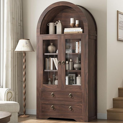Kitchen Pantry Cabinet, Arched Bookshelf Bookcase China Pantry Storage Cabinet with Drawers Doors and Shelves,71“ Tall Food Pantry Funiture for Living Room,Dining Room (Brown)