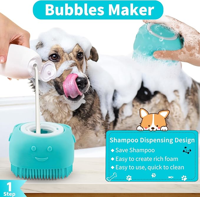 Comotech 6PCS Dog Bath Brush & Dog Toothbrush | Adjustable Handle Shampoo Brush & Scrubber for Short & Long Haired Dogs & Cats | Effectively Solve Odor & Stain Removal Problems (Blue Red Blue)