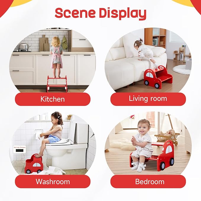 Wooden 2 Step Stool for Toddlers|Red Car Kids Stool with Handle and Non-Slip Sticker,Safety Bathroom Sink Stepstool for Boys & Girls,Children Foot Stool for Kitchen, Bedroom,and Toilet Training