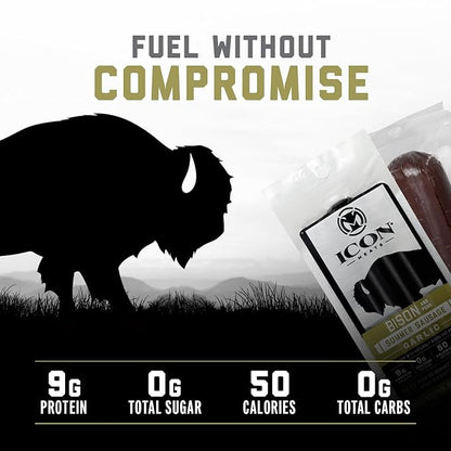 ICON Meats Summer Sausage - Bison and Pork Garlic Flavor - 4 Pack of Individually Wrapped Meat Sausages, USDA Approved, All Natural, Diet Friendly, High Protein, Low Calorie