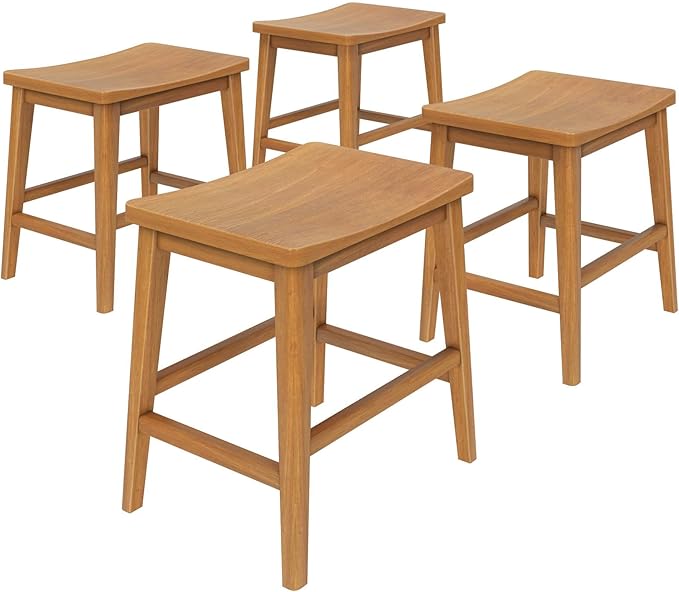 Plank+Beam Smythe Dining Stool, 18",Set of 4, Sturdy Wood Modern Kitchen Stool, Saddle Seat Backless Chair, Metal Footrest, Pecan