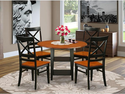 East West Furniture SUQU5-BCH-W 5 Piece Modern Dining Table Set Includes a Round Wooden Table with Dropleaf & Shelves and 4 Kitchen Dining Chairs, 42x42 Inch, Black & Cherry