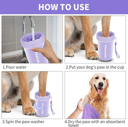 Professional 7 in 1 Dog Paw Cleaner for Dogs & Cats - Includes 1 Portable Paw Washer, 1 Bath Brush, 2 Dog Toothbrushes and 3 Absorbent Towels Note: Fits Paws 1.5 to 2.5 Inches Wide (Medium, Purple)