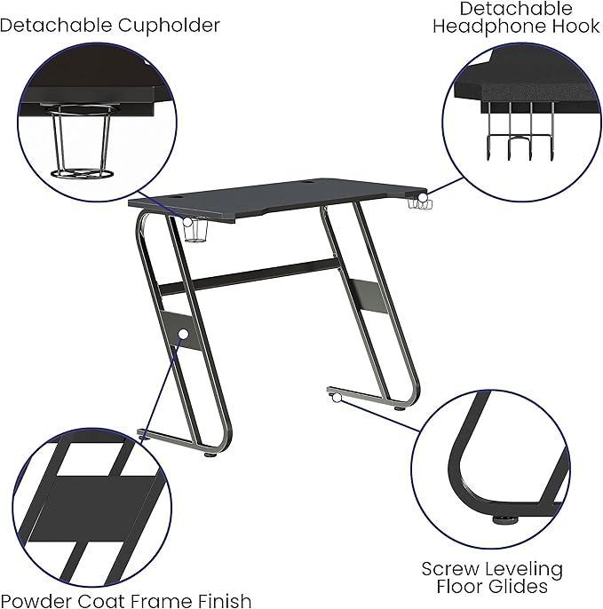 Flash Furniture Fisher Gaming Desk - Black Ergonomic Computer Desk - 51.5" Gamers Table with Cup Holder and Headphone Hook