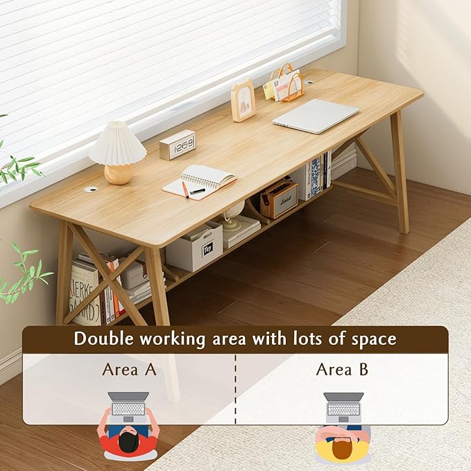 Extra Long Desk with Bookshelf - Wooden Home Office Work Study Table, 2-Person Writing Computer Workstation with Storage Shelf in Oak, 63" Wx24 Dx30 H