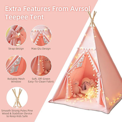 Teepee Tent for Kids with Mat, Star Lights, Carry Case, Cotton Canvas Playhouse, Foldable Tents, Portable Children Play Tent Indoor Outdoor (Pink)