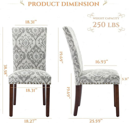 Parsons Dining Chairs Set of 4, Upholstered Nailhead Dining Room Kitchen Side Chair with Thick Cushions and Wood Legs, White/Grey