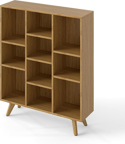 Manora Bookshelf with 10 Open Storage Cubes, Wooden Bookcase Organizer, Rustic Modern Display Shelf for Living Room, Bedroom, Office