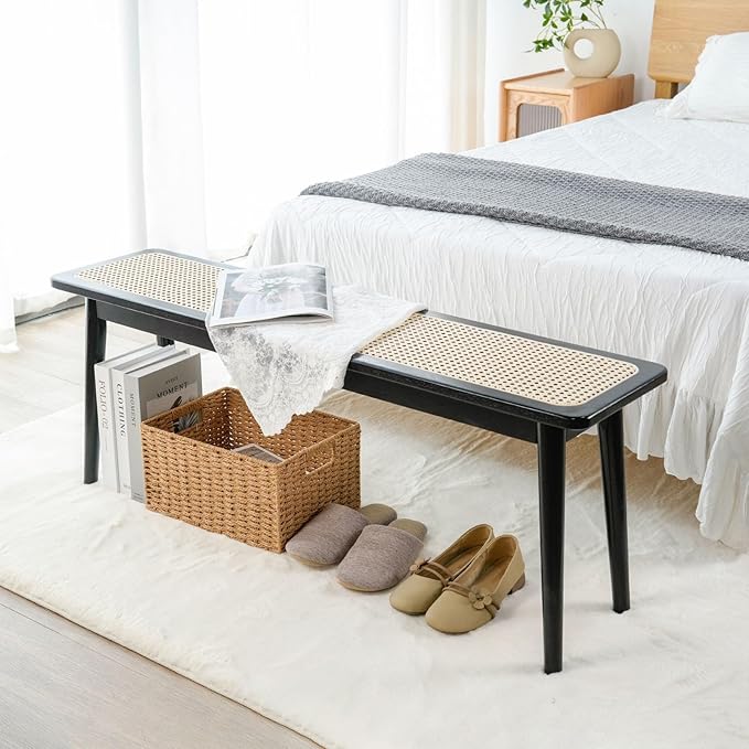 Entryway Bench, Solid Wood Kitchen Dining Bench, Mid Century Modern End of Bed Bench with Rattan Woven Top for Bedroom, Dining Room, Entry Way, 39.4" L x 11.2" W x 17.7" H, Black